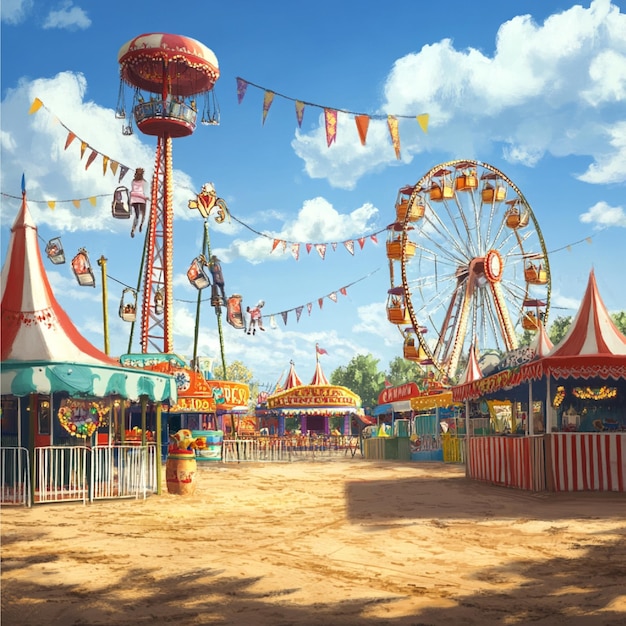 A summer carnival with rides games food stalls and festive decorations