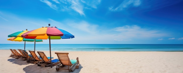 Summer Chairs and umbrellas on tropical sea and beach with blue sky background Generative AI