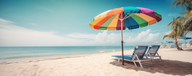 Summer Chairs and umbrellas on tropical sea and beach with blue sky background Generative AI