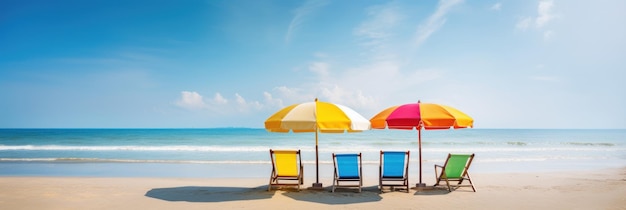 Summer Chairs and umbrellas on tropical sea and beach with blue sky background Generative AI