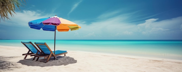 Summer Chairs and umbrellas on tropical sea and beach with blue sky background Generative AI