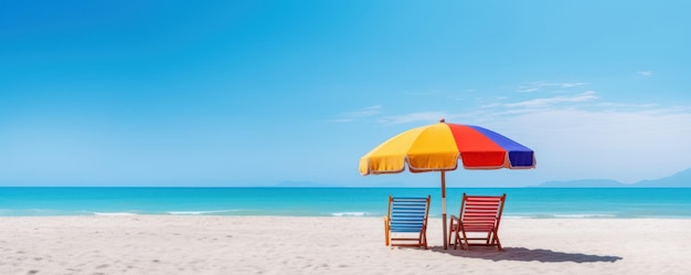 Summer Chairs and umbrellas on tropical sea and beach with blue sky background Generative AI