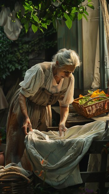 Summer Chores Elderly Woman Doing Laundry