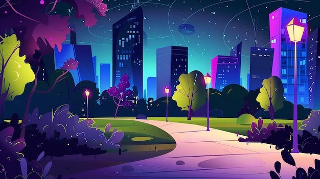 Summer city park at night Vector cartoon illustration