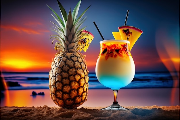 Summer cocktail drink Pina Colada Pineapple tropical sunset beach