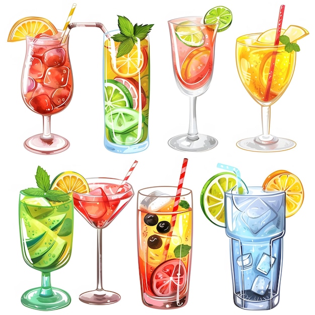 Photo summer cocktail png cut out element set isolated on white background detailed