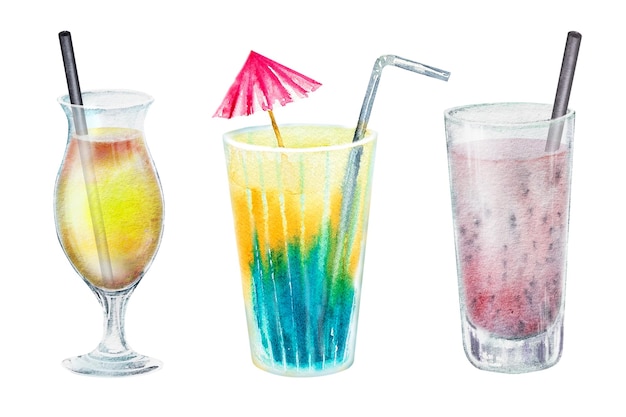 Summer cocktail set glass glasses and glasses with colorful drinks Hand drawn watercolor illustration for recipes for alcohol lists with drinks