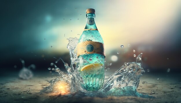 Summer cocktail in a water splash bottle light blue background generative AI