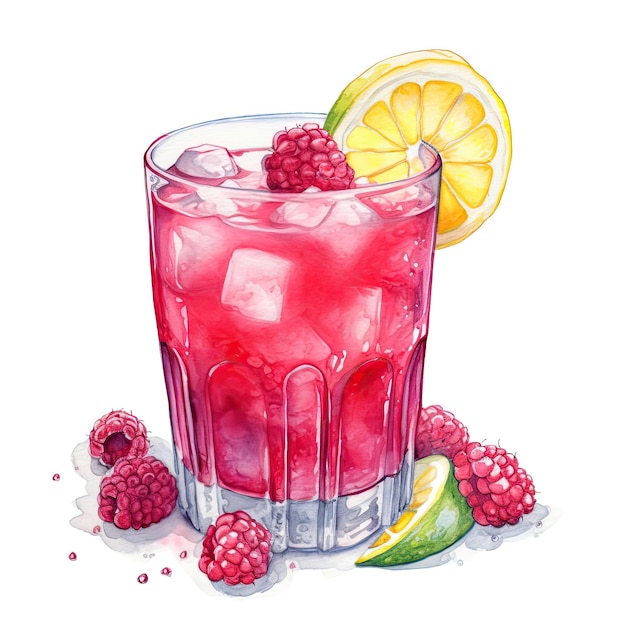 Summer cold drink with raspberries ice and lemon slices Watercolor drawing AI generated