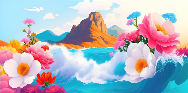 Summer colorful landscape Mountains natural pond and flowers