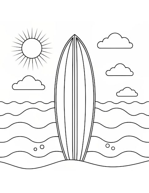 Photo summer coloring page for kids with a surfboard on the beach