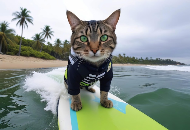 Summer composition Cat in a life jacket riding the waves on a surfboard concept of active lifestyle