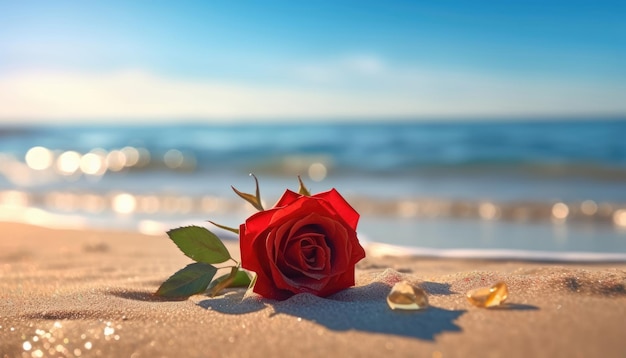 Summer composition on sandy beach with red rosee blue sea as backgroundred rose in the sand