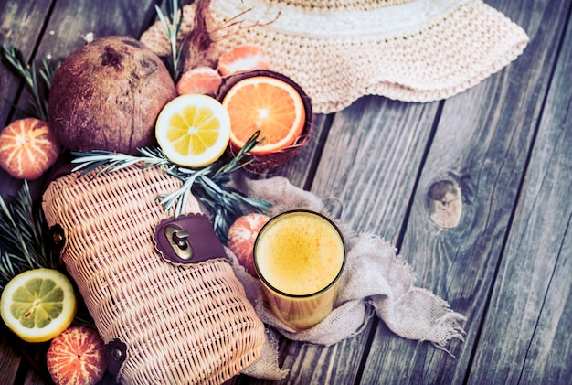 summer composition with fresh orange juice