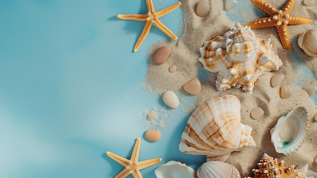 Summer composition with pebbles starfish and sea shells on blue background with sand Generative AI