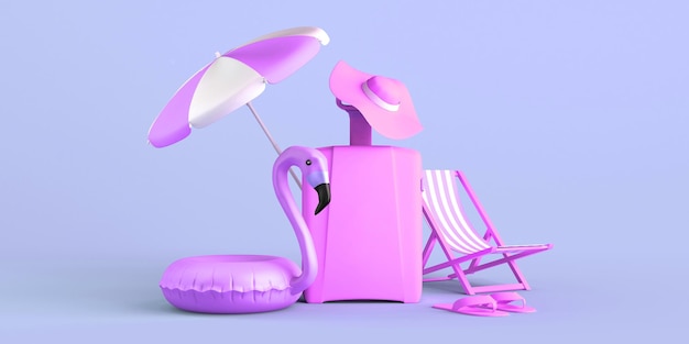 Summer concept with flamingo float umbrella flip flops and beach chair Copy space 3D illustration