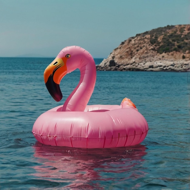 Photo summer concept with pink flamingo floats flat lay