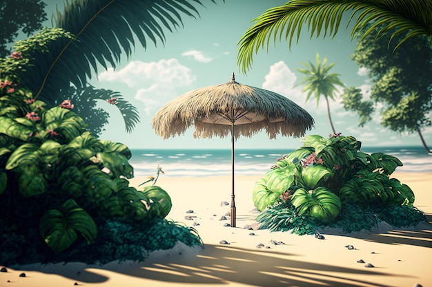 A summer day at the beach made perfect with a tropical background of umbrella and fern leaves