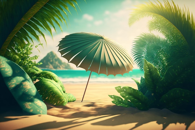 A summer day at the beach made perfect with a tropical background of umbrella and fern leaves