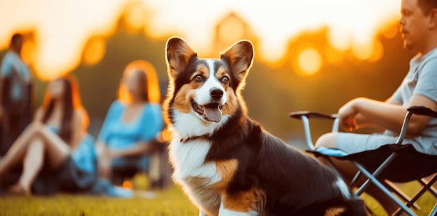 On a summer day a contented woman relaxes with her dog in chairs at the campsite