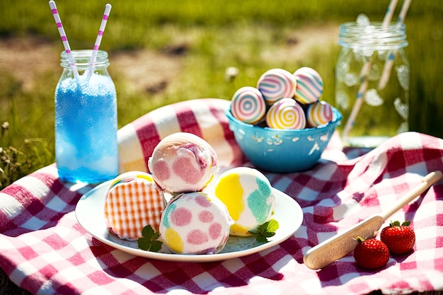 Summer day picnic of ice creamy homemade lollipops