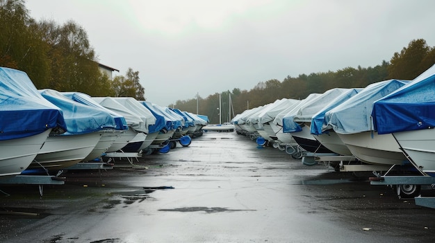 Photo summer day at yacht garage speedboats and motorboats with white covers