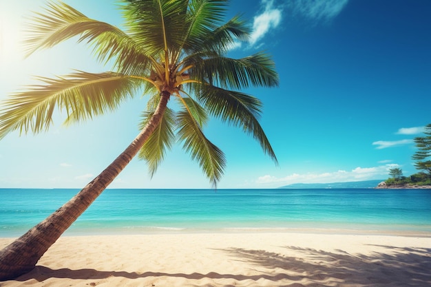 Summer defocused background nature of tropical beach with rays of sun light and leaf