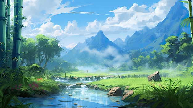 In the summer dense forest mountains and lakes illustration background