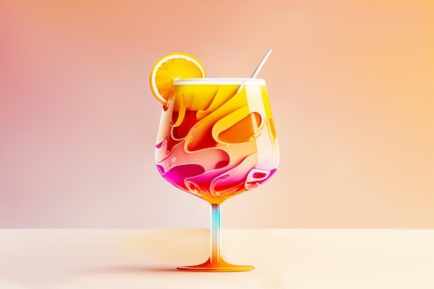 Summer drink cocktail with fruit slices and straw on pink gradient background