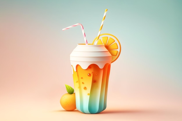 Summer drink cocktail with fruit slices and straws on gradient background