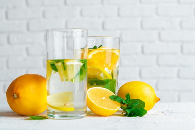 Summer drink. Traditional lemonade with lemon mint