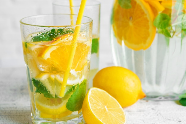 Summer drink. Traditional lemonade with lemon mint