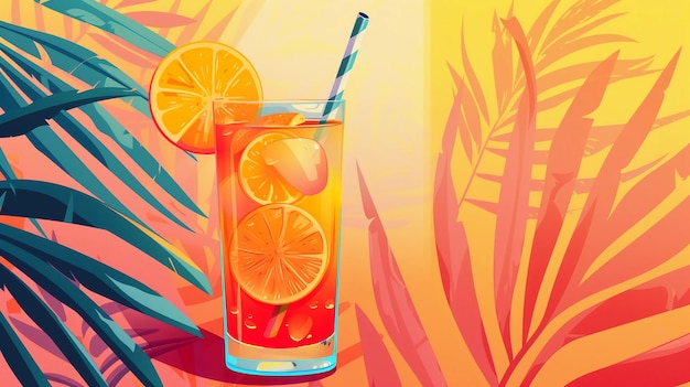 Summer Drink with Slice of Orange and Straw Sunny Background with Tropical Leaves AI Generated