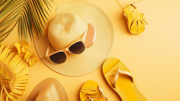 Photo summer essentials flat lay hat sunglasses and flipflops