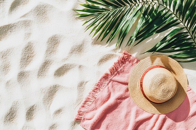 Photo summer essentials flat lay tropical vacation vibes with straw hat pink flowers starfish and sung