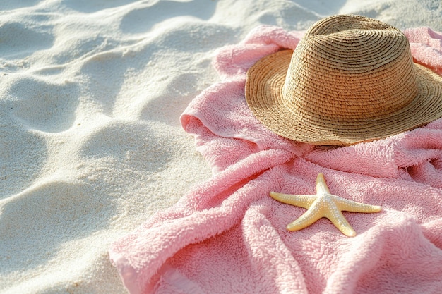 Photo summer essentials flat lay tropical vacation vibes with straw hat pink flowers starfish and sung