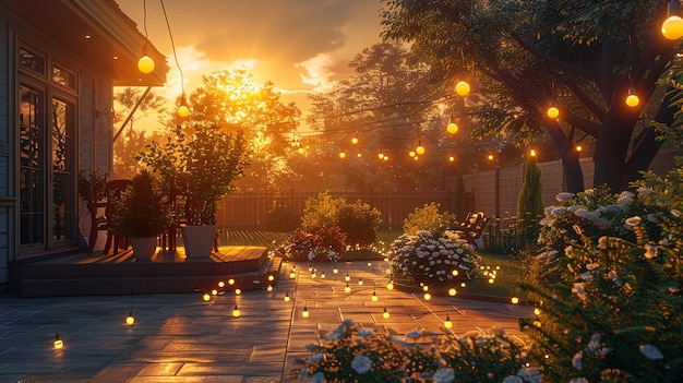 A summer evening casts a golden hue over the patio of a beautiful suburban house with garden lights creating a fairytale setting that invites one to bask in the tranquility of the night