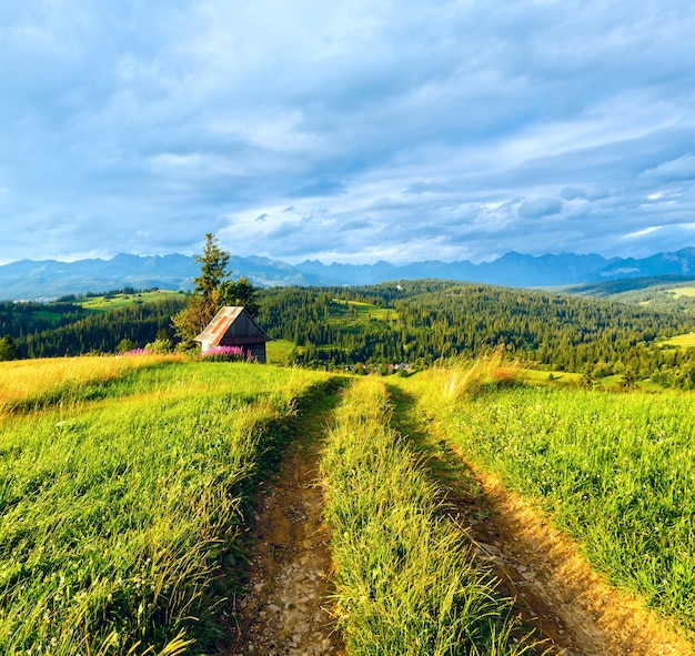 Summer evening mountain village outskirts with country road in front and Tatra range behind (Gliczarow Gorny, Poland)