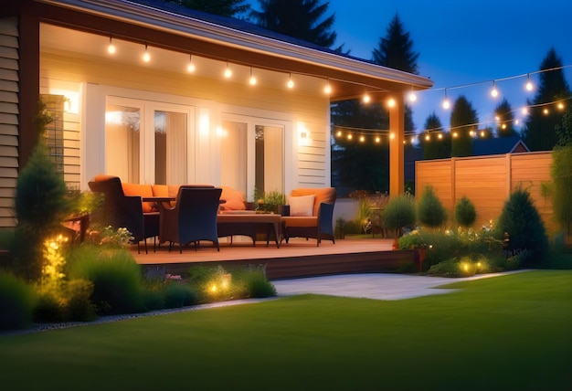 Summer evening on the patio of beautiful suburban house with lights in the garden garden