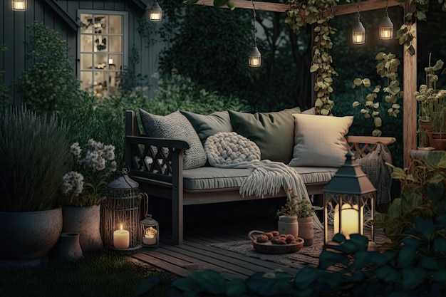 Summer evening recreation in garden on wooden sofa in cozy backyard