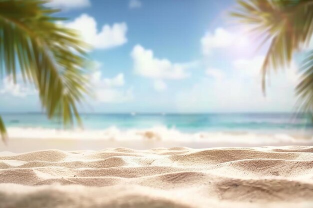 Summer exotic sandy beach with blur palms and sea on background generative ai