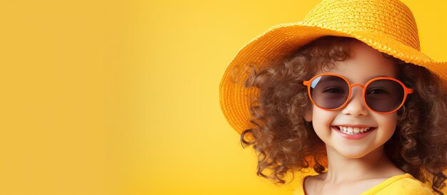 Summer fashion portrait of a joyful girl with curly hair wearing a straw hat and sunglasses against a yellow background