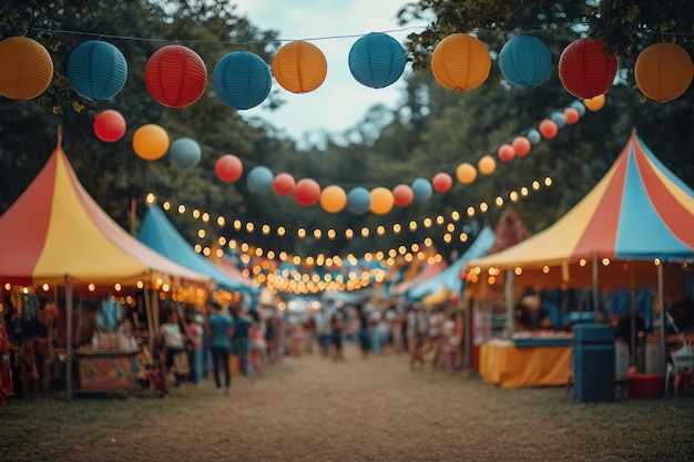 A summer festival with colorful tents food stalls and live music