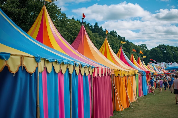 A summer festival with colorful tents food stalls and live music