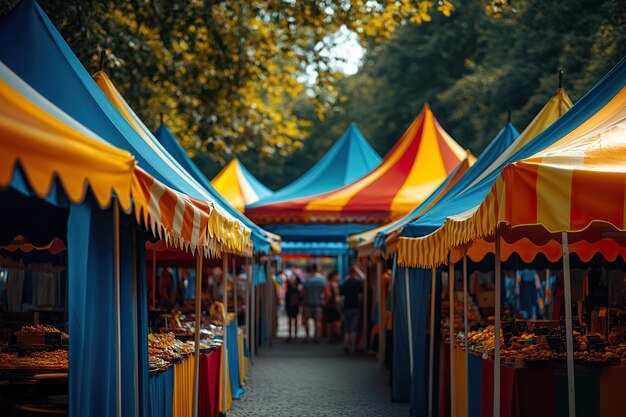 A summer festival with colorful tents food stalls and live music