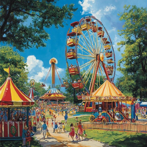 A summer festival with outdoor games carnival rides and festive dcor