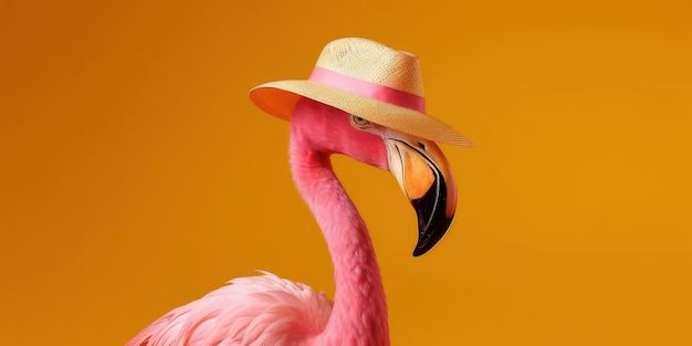 Summer festive with flamingo on yellow background Tropical summer time Generative AI