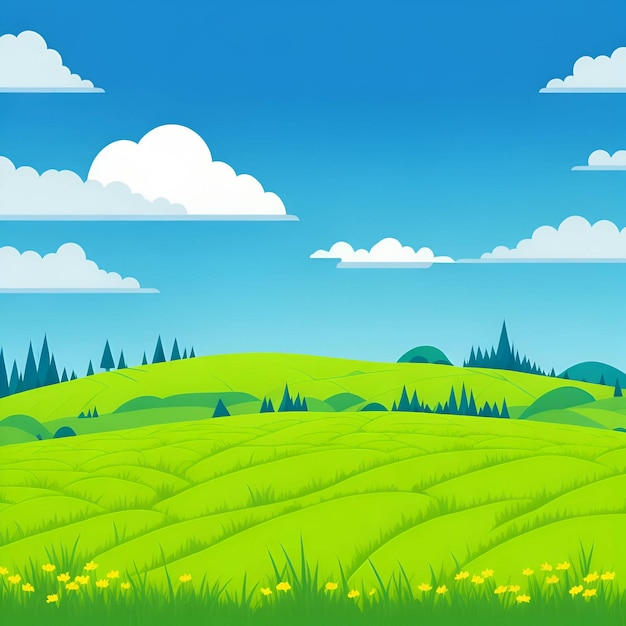 Summer fields hills landscape green grass blue sky with clouds