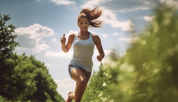 Summer fitness in fresh air young woman runs a marathon