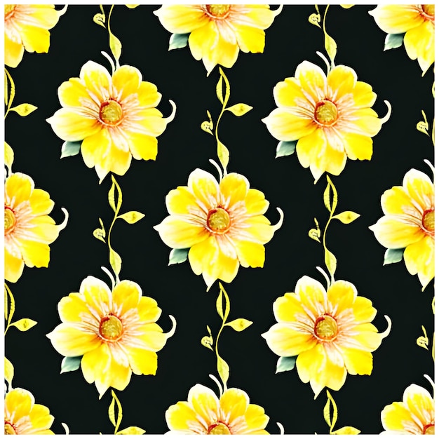 Summer floral seamless pattern yellow watercolor plumeria flowers on black background